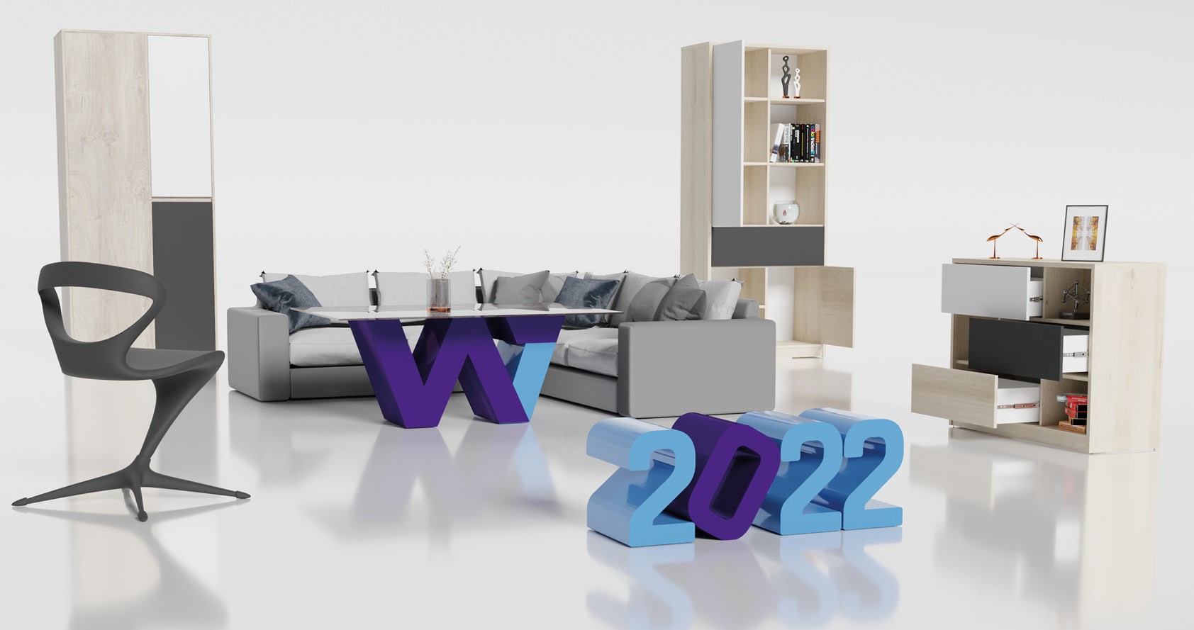 Minimalistyczne wnętrze salonu z nowoczesnymi meblami. Po lewej stronie znajduje się czarne krzesło o unikalnym zakrzywionym designie, a w centrum szara narożna sofa z jasnoszarymi poduszkami. Przed narożnikiem znajduje się ława, której podstawę tworzy logo w formie litery "W" w 3D. Na pierwszym planie znajduje się liczba ‘2022’w takim samym stylu. 
